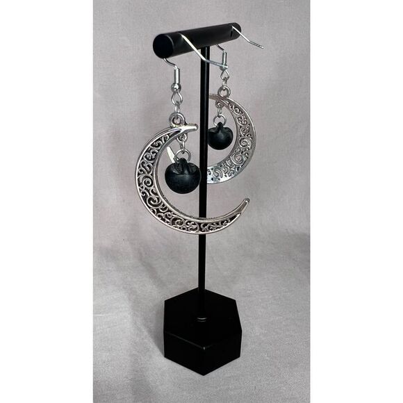 Handmade Silver Dangly Crescent Moon Earrings With Black Vintage Buttons - Picture 2 of 3